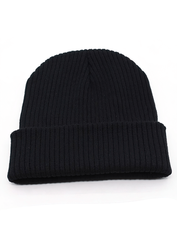 Stylish black knitted unisex beanie, perfect for sports or casual wear, keeps you warm and fashionable in cold weather.