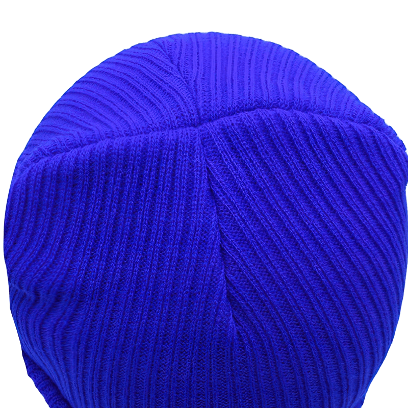 Top view of a vibrant blue knitted unisex hat, showcasing its ribbed texture and solid color design, perfect for sports or casual wear.