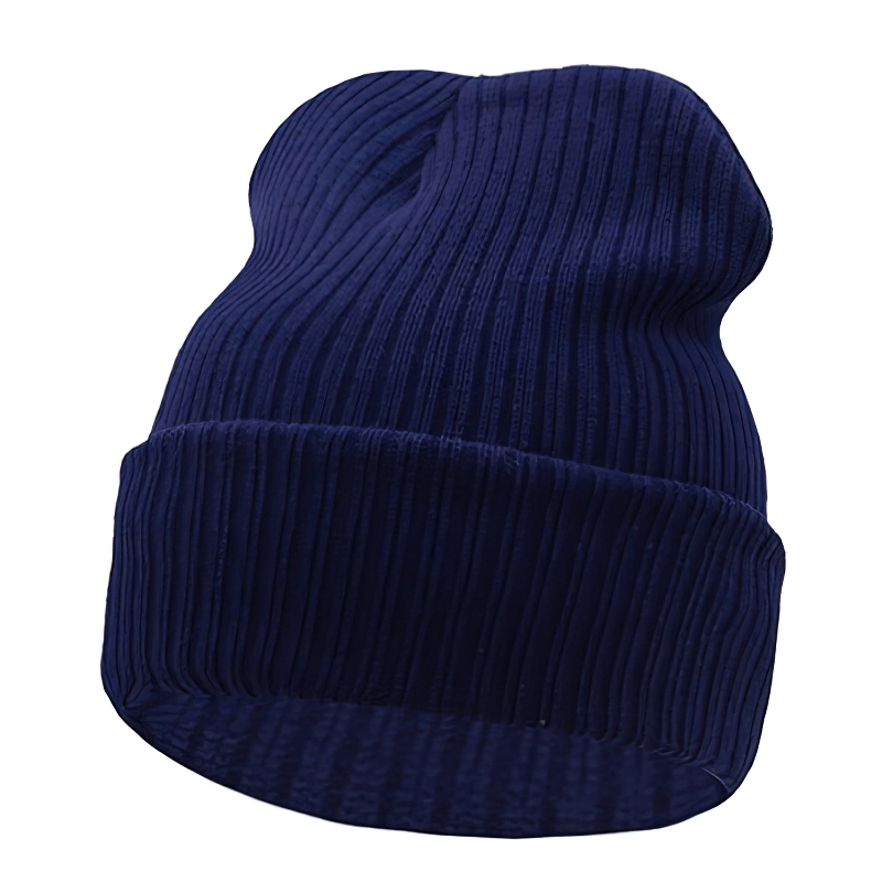 Navy blue knitted unisex hat, perfect for sports and casual wear, offers warmth and style with its solid color and comfortable beanie fit.