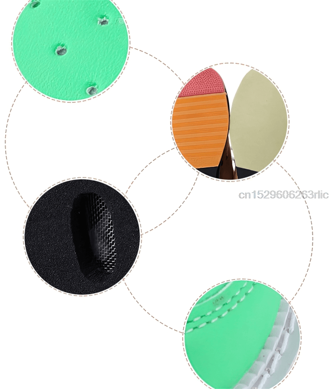 Close-up of Stylish Leather Anti-Slip Women's Bowling Shoes materials; showing green sole, black mesh, and multicolored layers for design.