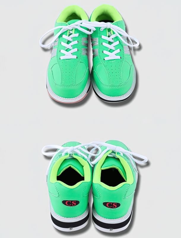 Bright green bowling shoes with white laces, front and back view, highlighted against a plain background for vibrant style appeal.