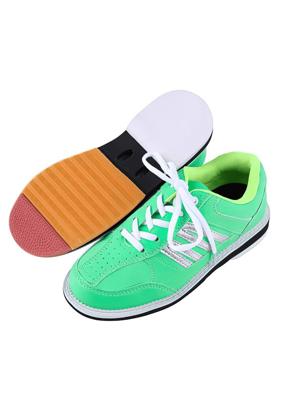 Vibrant green leather anti-slip women's bowling shoes with PU upper, rubber outsole, and lace-up closure for secure fit and comfort.