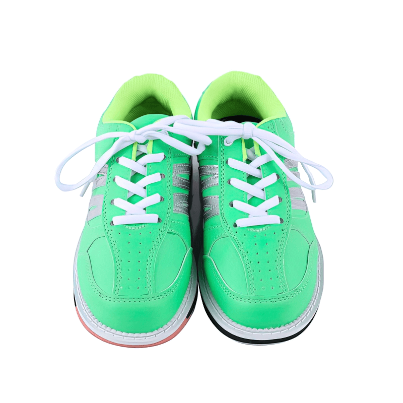 Stylish green leather women's bowling shoes with lace-up closure, featuring anti-slip rubber soles for comfort and professional performance.
