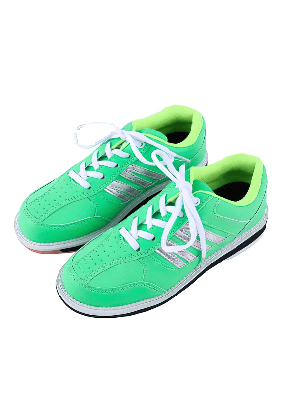 Vibrant green and white women's leather bowling shoes with anti-slip rubber soles and lace-up closure, perfect for female bowlers.