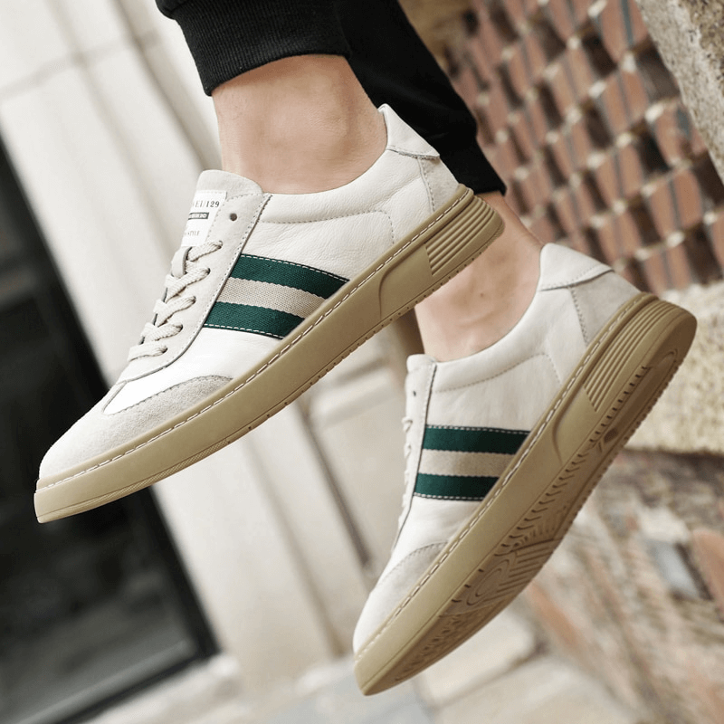 Stylish leather men's sports shoes SF1176 with green stripes, designed for comfort and style, featuring a rubber outsole and breathable lining.