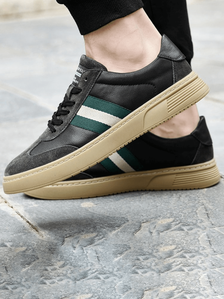 Stylish leather men's sports shoes SF1176 with green stripes, premium leather, and rubber outsole, perfect for modern style.