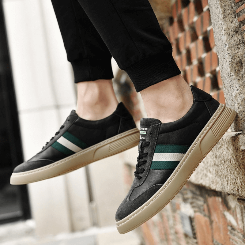 Stylish Leather Men's Shoes in Sports Style SF1176 with black design and green stripes, perfect for modern fashion and comfort.