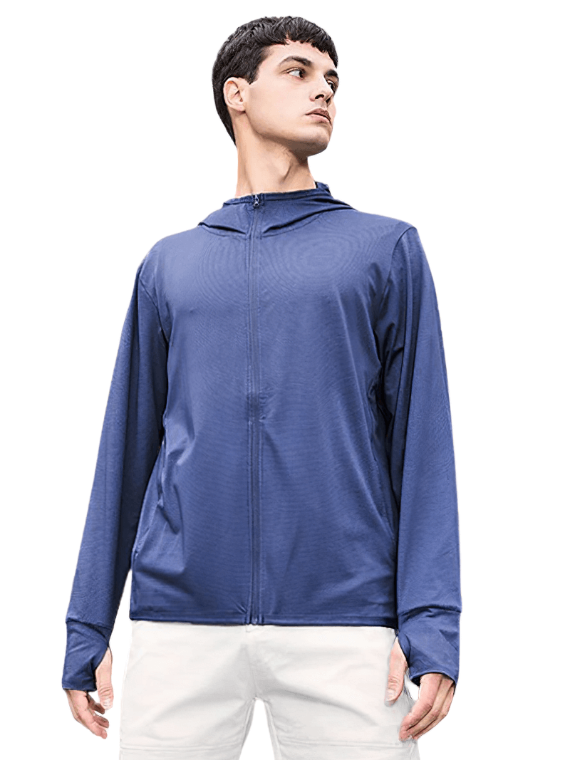 Stylish light windbreaker with thumb holes for men, perfect for hiking and camping, made from quick-dry polyester and spandex.