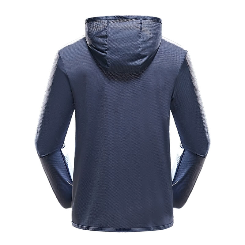Men's stylish navy blue light windbreaker with hood and thumb holes, ideal for camping and hiking. Quick-dry, sun protection, SF0158.