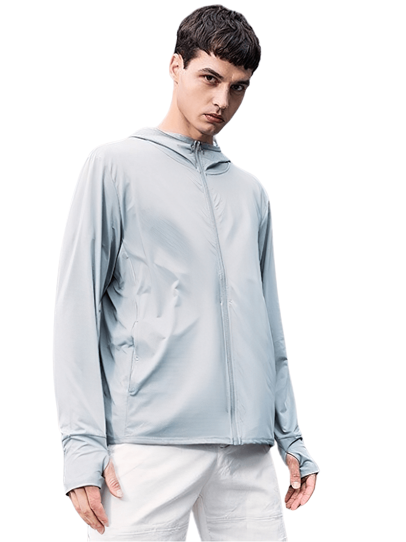Man wearing a stylish light windbreaker with thumb holes, ideal for hiking and camping, SF0158