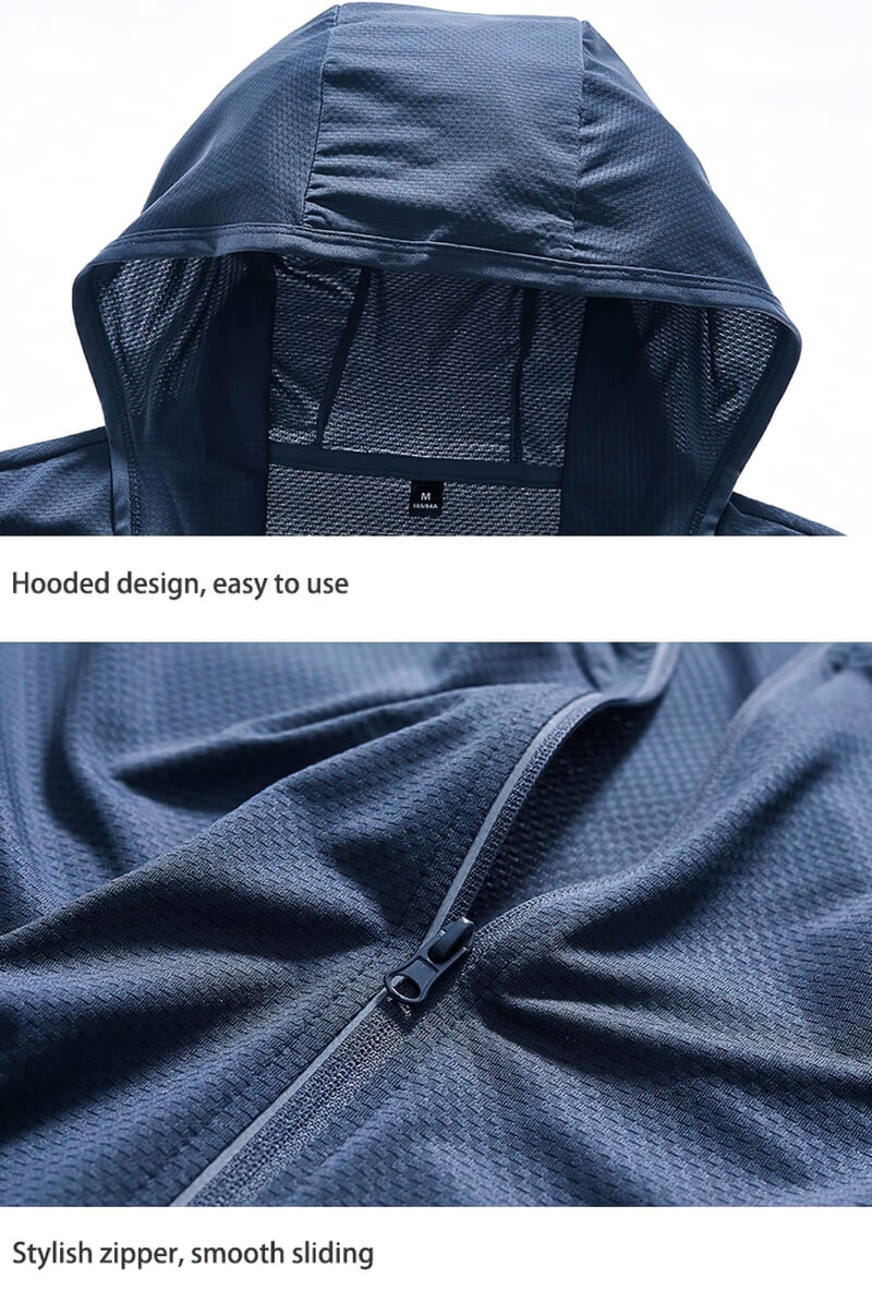 Close-up of stylish windbreaker with hood and smooth zipper, perfect for camping and hiking.