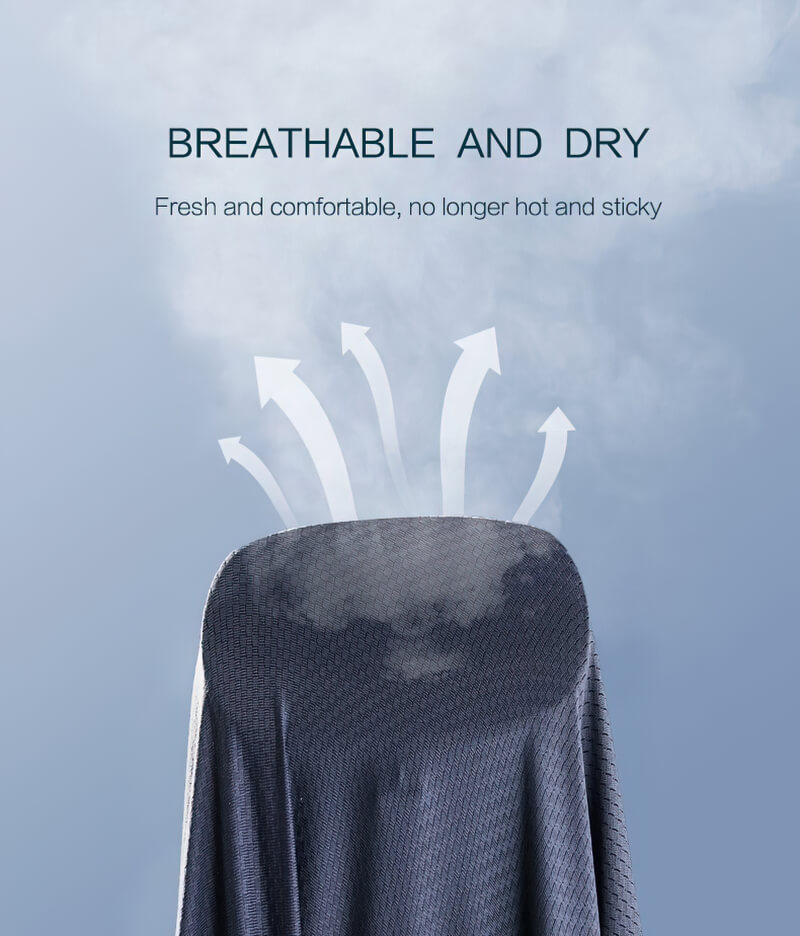 Breathable fabric demonstrating ventilation with arrows, emphasizing comfort and dryness.