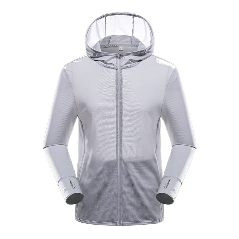 Stylish light gray men’s windbreaker with hood and thumb holes, perfect for hiking and camping, SF0158.