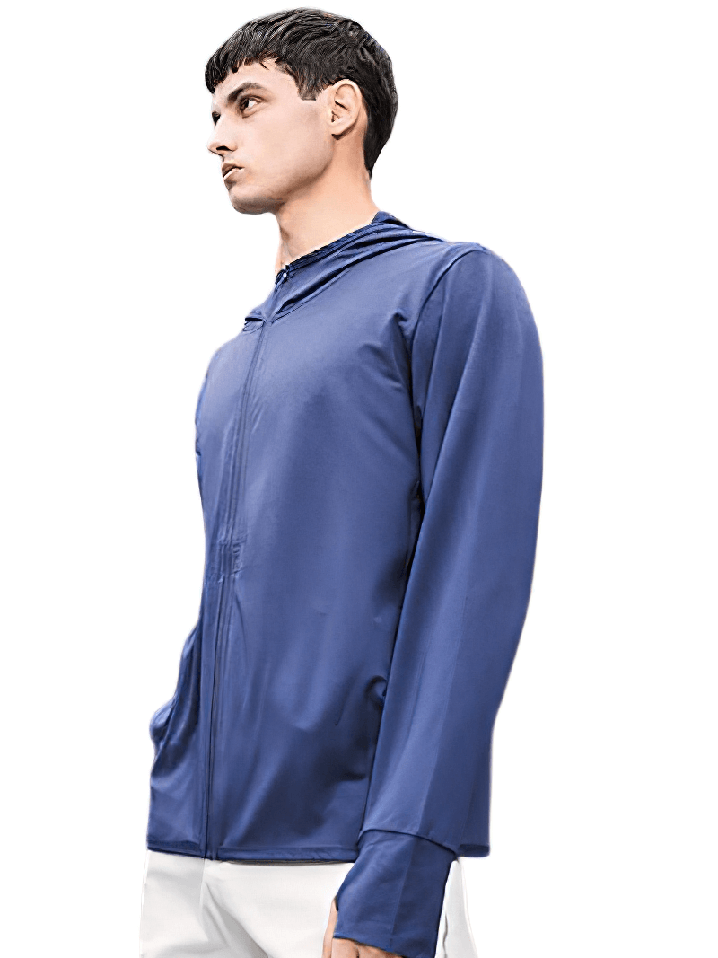 Man wearing a stylish light windbreaker with thumb holes, perfect for hiking and camping, in a blue color.