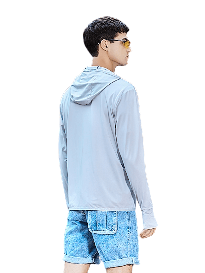 Stylish light windbreaker with thumb holes for men, SF0158, ideal for outdoor activities, shown from the back, paired with denim shorts.