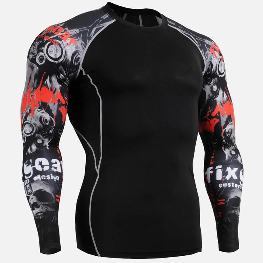 Stylish long sleeves sports top for men, black with graphic design, compression fit for active pursuits, model SF0770.