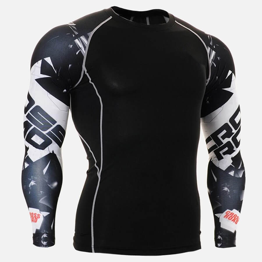 Black and white stylish long sleeve sports top for men, ideal for fitness and outdoor activities, made from breathable compression fabric.