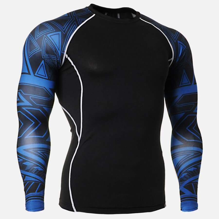 Men's stylish long sleeve sports top with blue geometric accents, designed for performance and comfort in fitness activities.