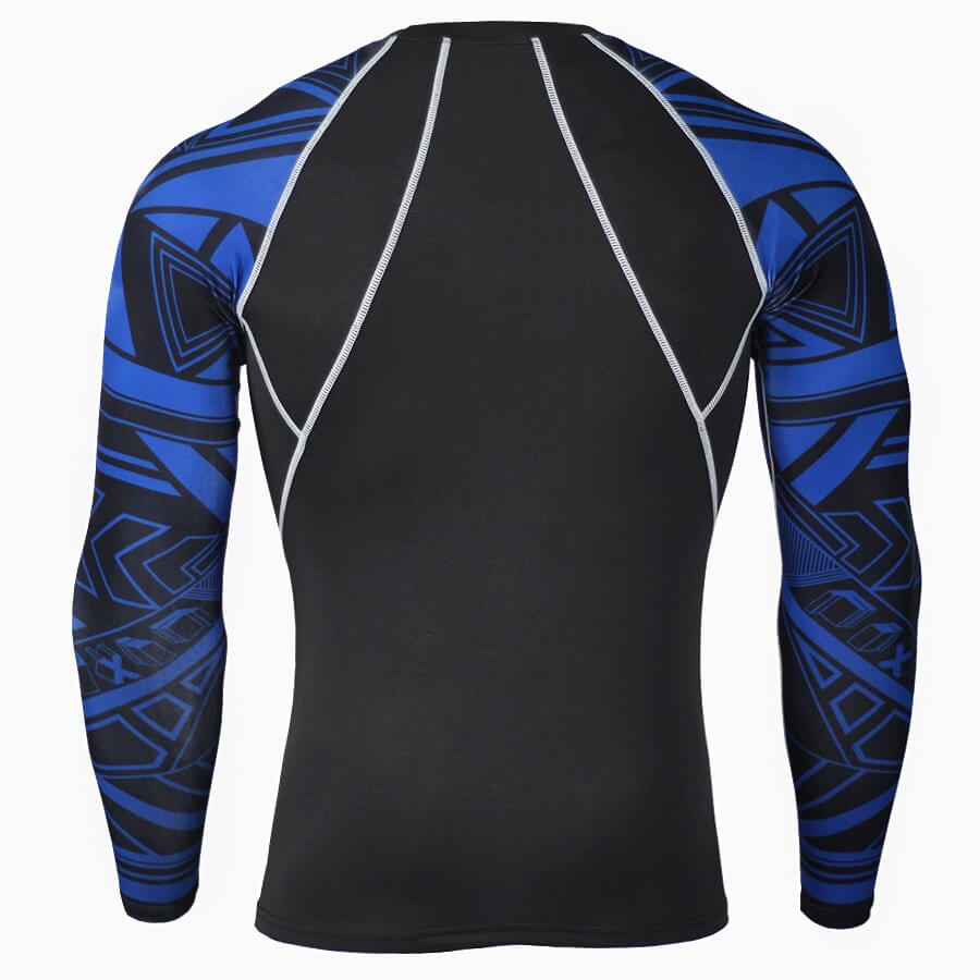 Back view of a stylish long-sleeved sports compression top for men in black and blue with geometric patterns.