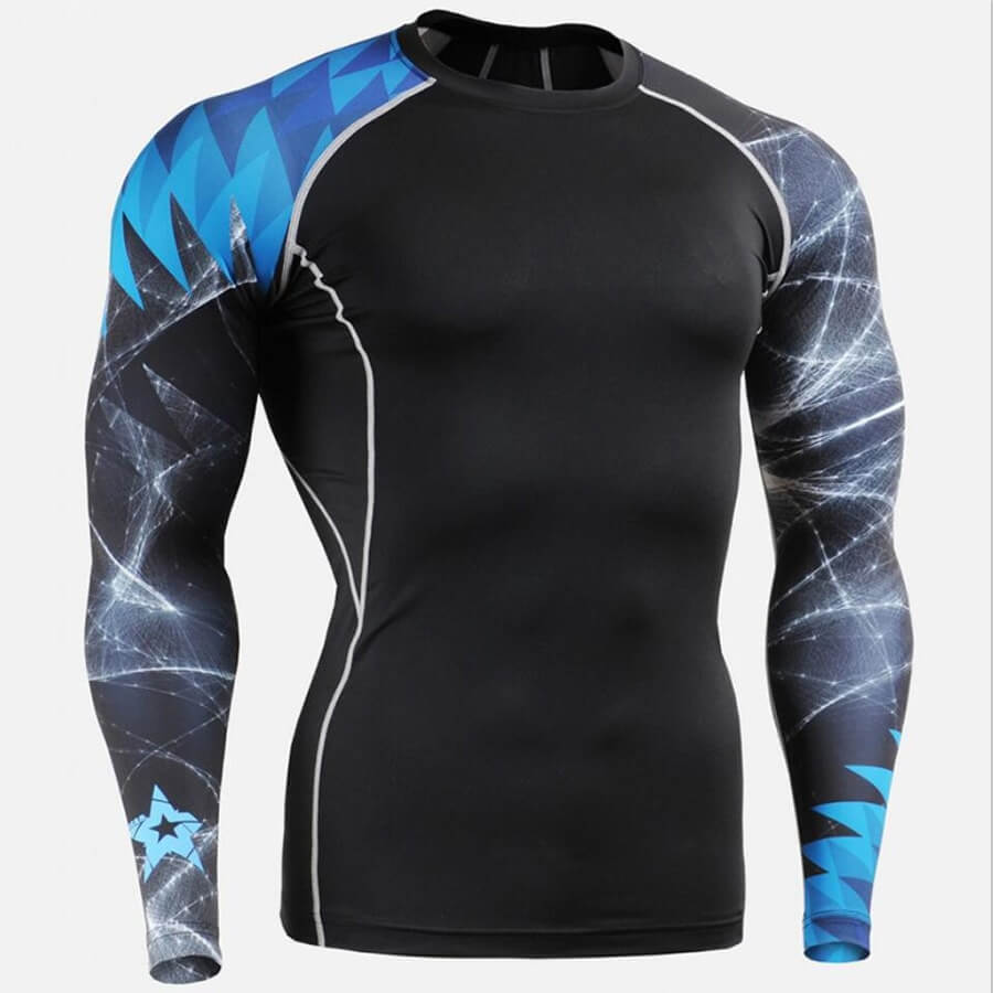 Stylish long sleeves sports top for men, compression clothing in black with blue and white design, perfect for active performance.