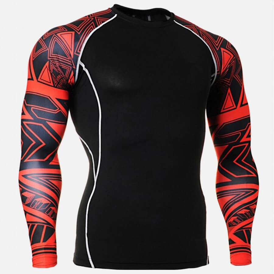 Black long sleeve compression sports top for men with red geometric patterns, ideal for fitness and outdoor activities.
