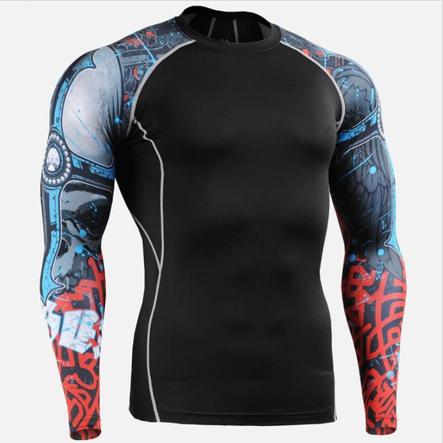 Stylish long sleeves compression sports top for men, black with blue and red abstract designs, perfect for fitness and activities.