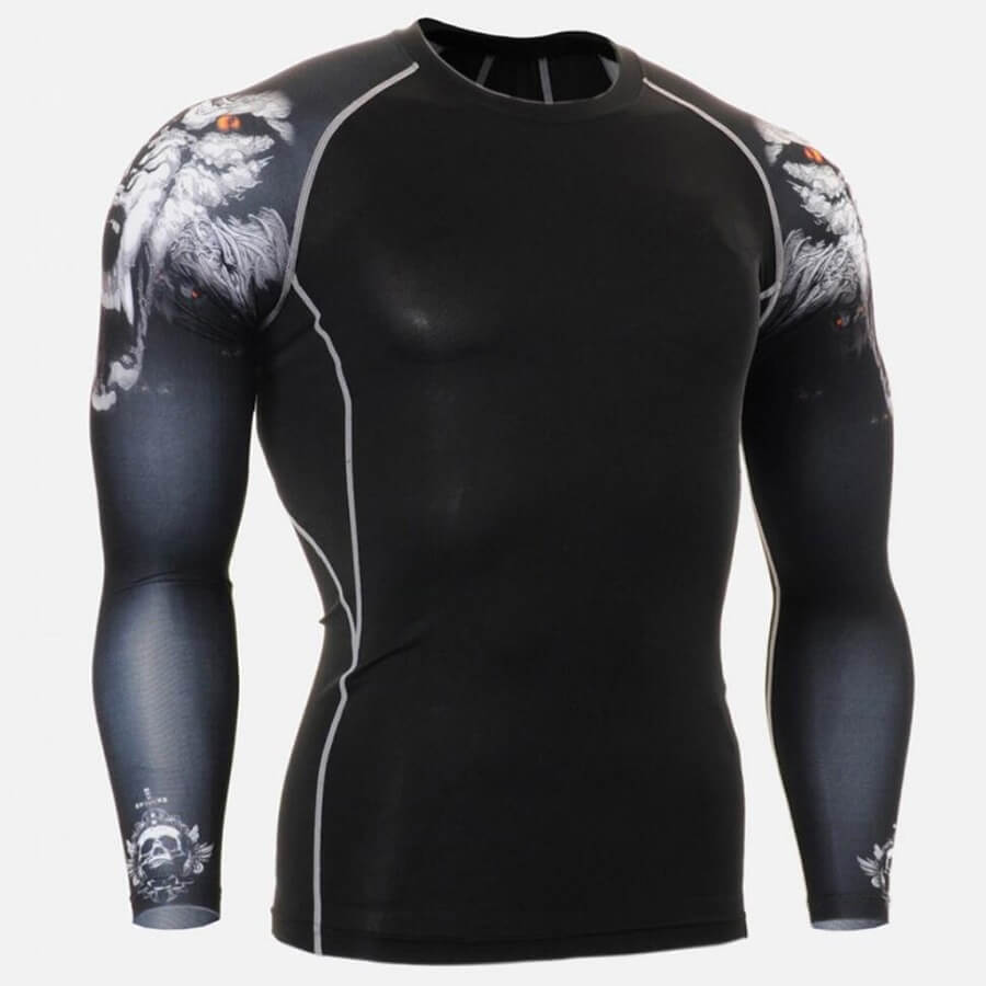 Black stylish compression sports top for men with printed long sleeves, ideal for fitness, cycling, and sports performance.