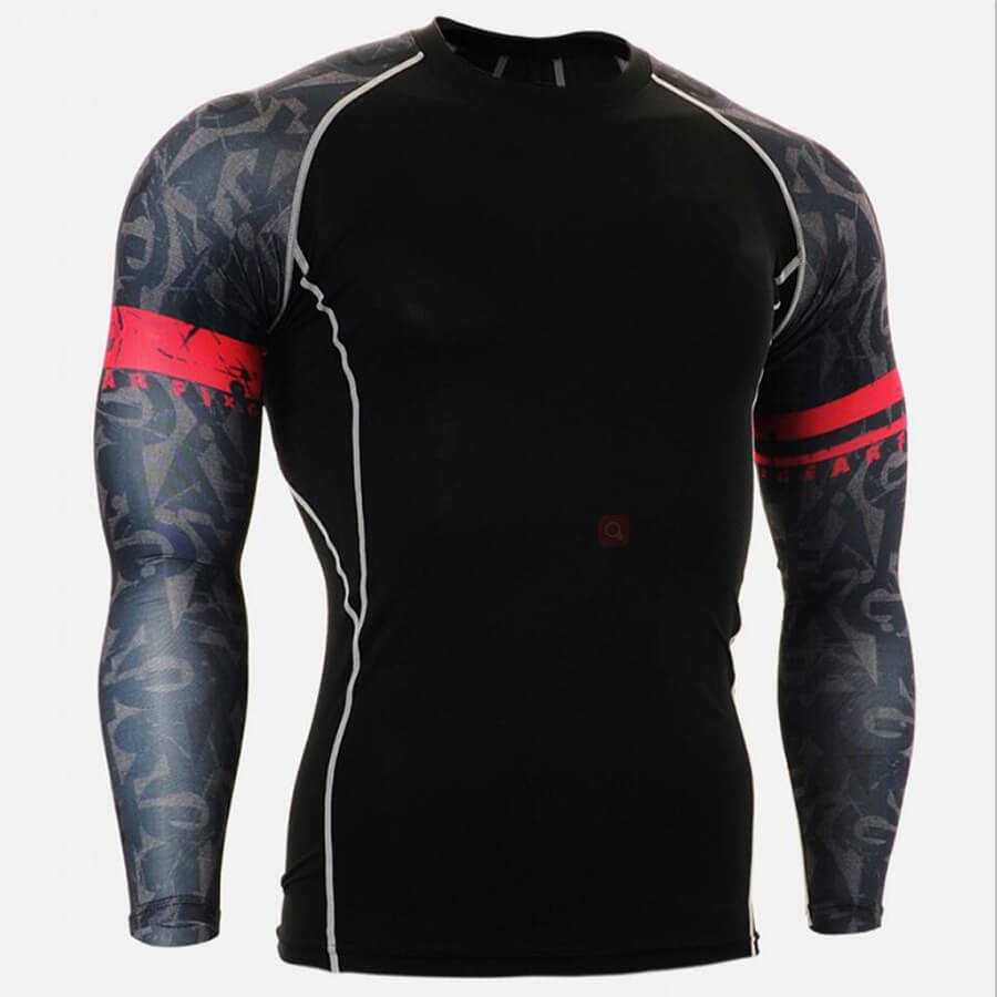 Stylish long sleeves sports top for men in black with red accents; compression fit; perfect for sports and fitness activities.