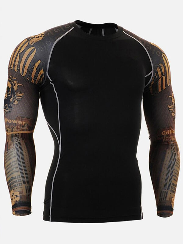 Black long-sleeved men's sports compression top with stylish graphics, perfect for cycling, fitness, and more. Model SF0770.