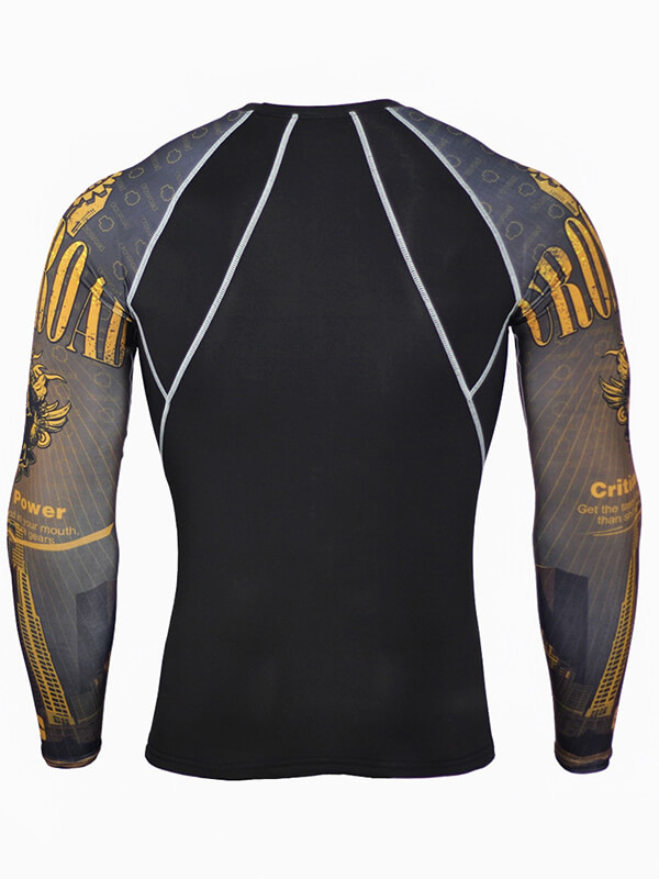 Back view of stylish long sleeves sports top for men, featuring breathable compression fabric and unique printed design.