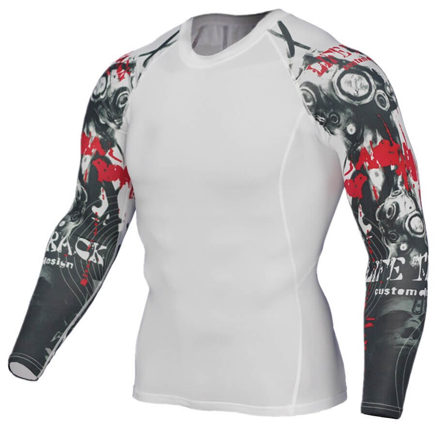 Stylish men's long sleeve compression sports top with graphic sleeves, perfect for cycling, baseball, and fitness activities.