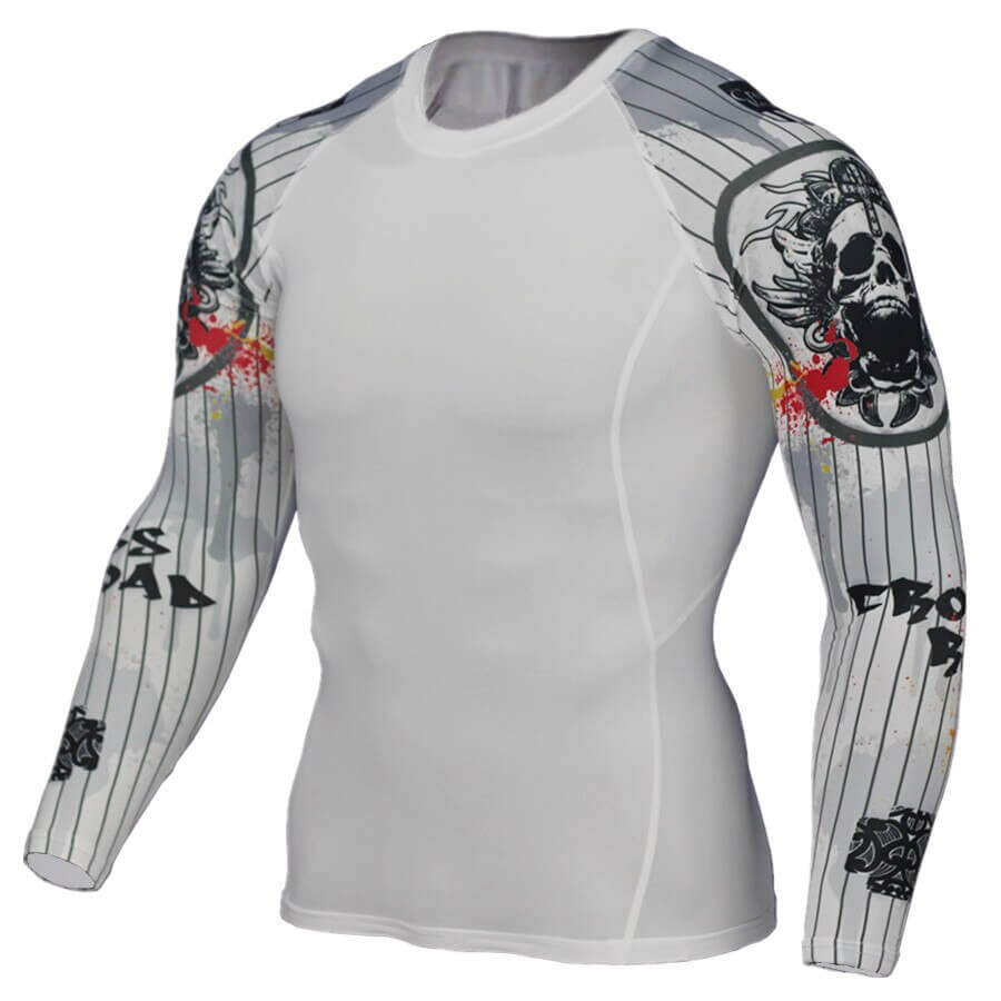 Stylish long sleeve men's compression sports top with graphic sleeves, perfect for cycling, fitness, and cross-country activities.