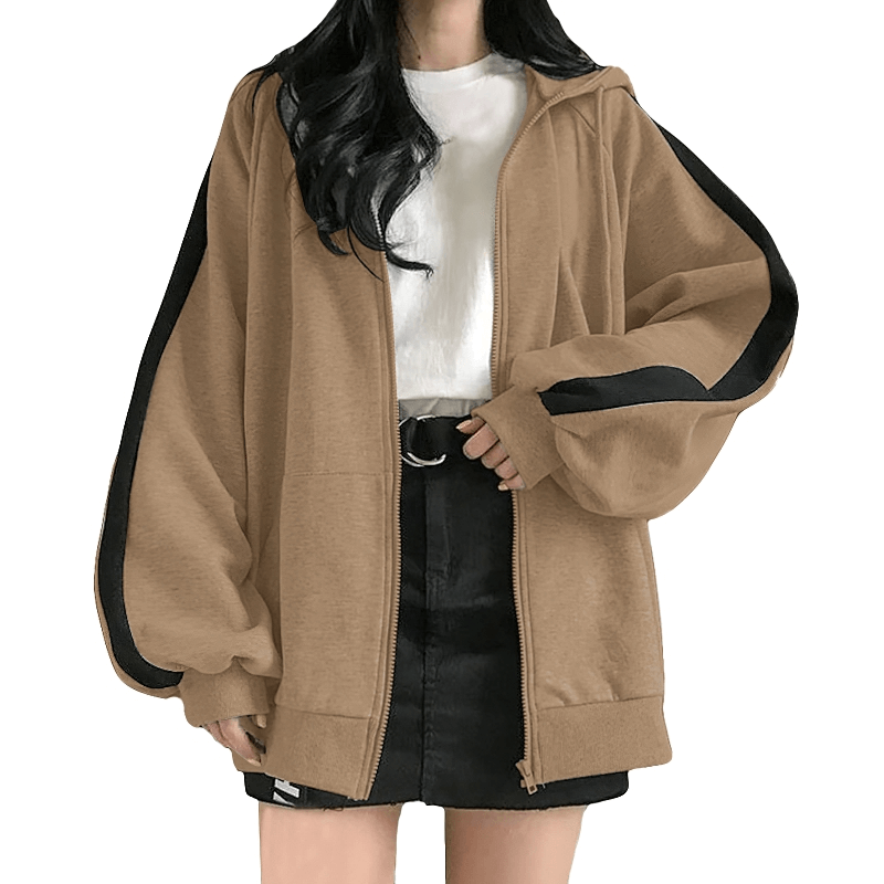 Stylish loose zipper hoodie for women in a chic oversized design, perfect for casual outings and added comfort.