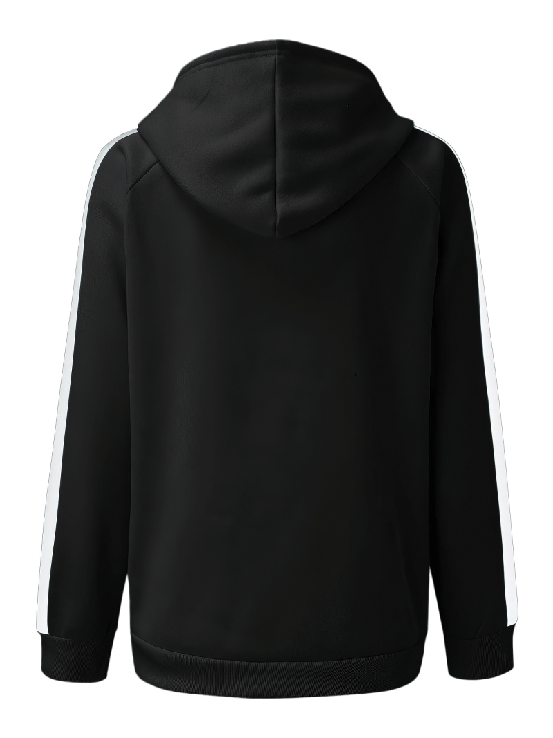 Back view of a black oversized women's hoodie with a hood and white stripe accents, perfect for casual wear and warmth.