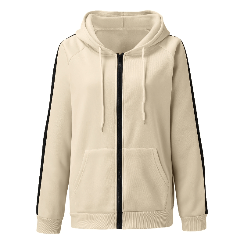 Stylish loose zipper hoodie for women, beige with black stripes, casual oversized hooded sweatshirt SF0086, front view.