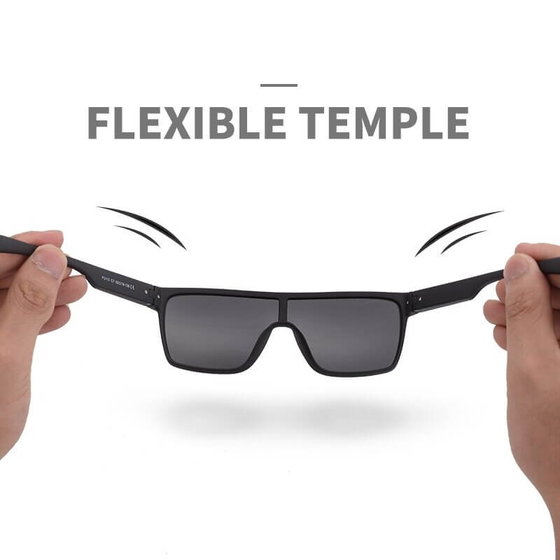 Hands bending stylish oversized male square sunglasses with flexible frame, showcasing durable design and UV400 protection.