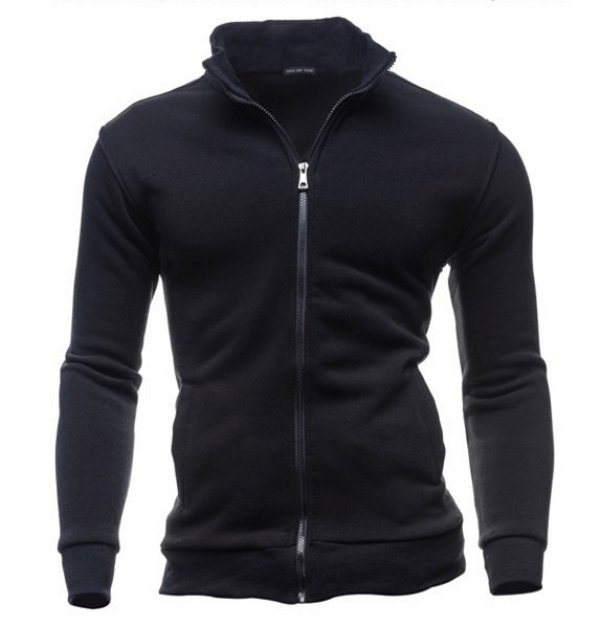 Stylish men's black hoodie with stand-up collar and zipper, perfect for casual wear, made from a soft blend of polyester and cotton.
