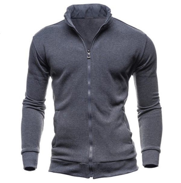 Stylish men's hoodie with stand-up collar and zipper, solid gray, full sleeves, casual wear, polyester and cotton blend, SF0454