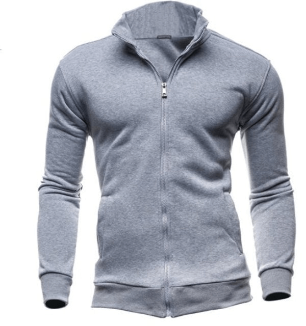 Stylish men's gray hoodie with stand-up collar and zipper, casual polyester cotton blend, full sleeve, SF0454