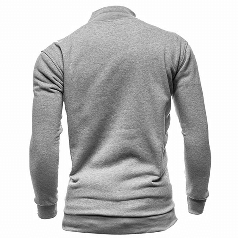 Back view of a grey casual men's hoodie with stand-up collar, zipper closure, and long sleeves, made from polyester-cotton blend.
