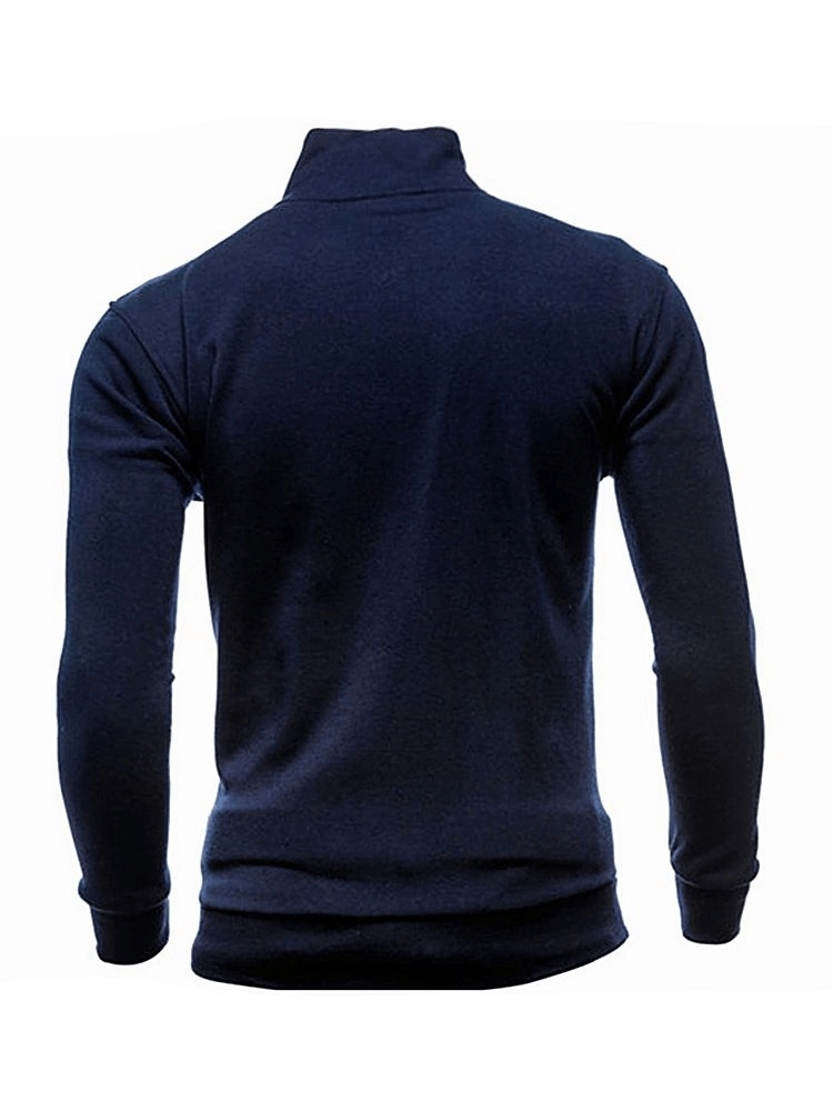 Back view of a stylish dark blue men's hoodie with stand-up collar and zipper, made from a soft polyester-cotton blend.