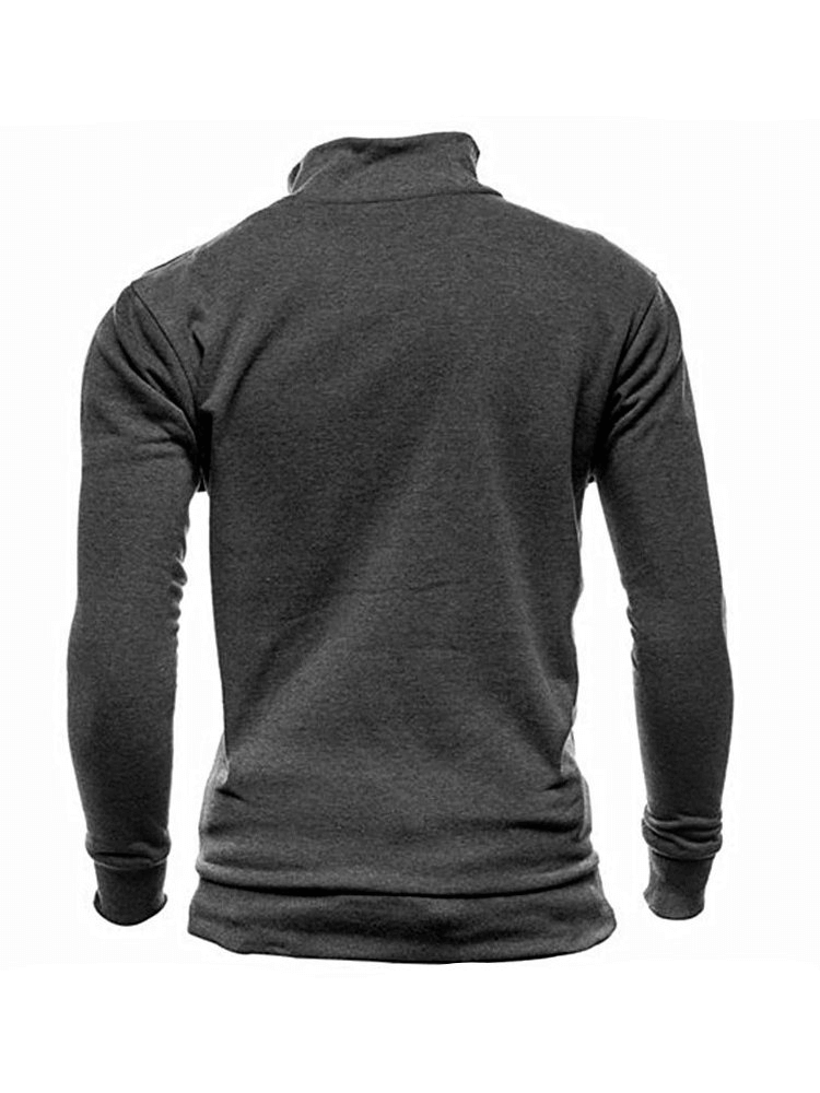 Back view of a stylish men's hoodie with a stand-up collar and full sleeves, made with soft polyester-cotton blend in charcoal color.