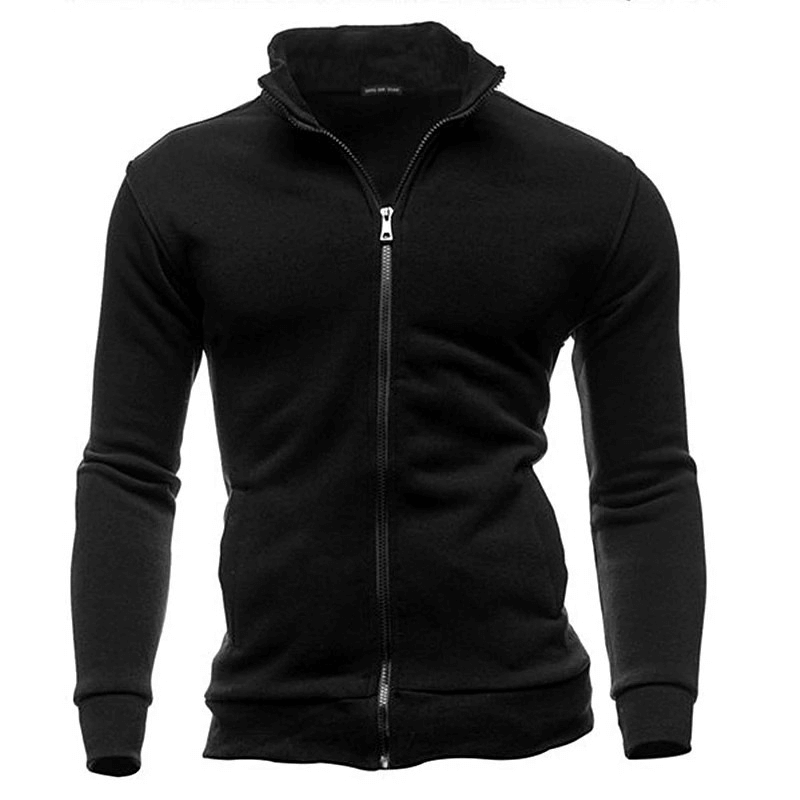 Stylish men's black hoodie with stand-up collar and zipper, made from a soft cotton-polyester blend. Great for casual wear.