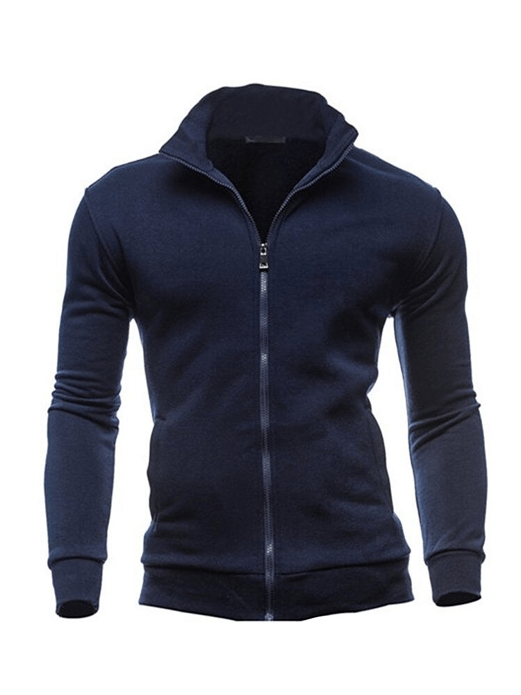 Stylish men's dark blue hoodie with stand-up collar and zipper, made of soft polyester and cotton blend. Perfect for casual wear.