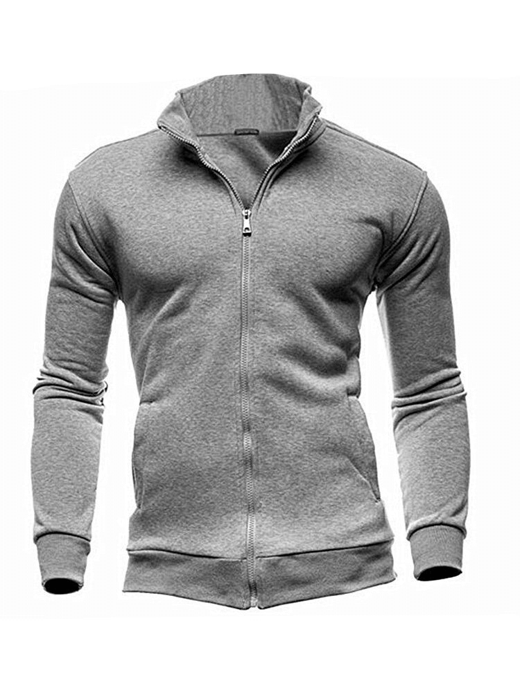 Stylish men's gray hoodie with stand-up collar and zipper, full sleeves, soft cotton-polyester blend for casual wear, SF0454