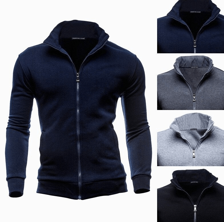 Stylish men's hoodies in various colors, stand-up collar, zipper closure SF0454. Perfect for casual style and comfort.