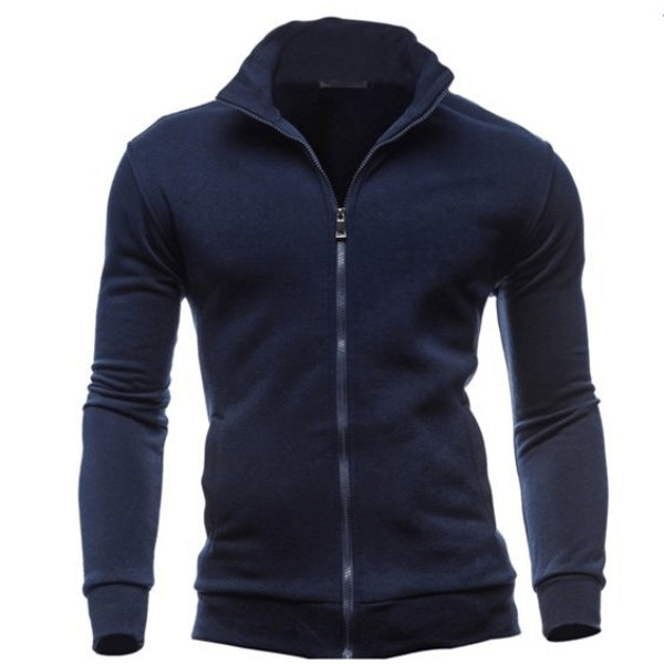 Stylish Men's Hoodie with Stand-Up Collar and Zipper, casual solid pattern, polyester-cotton blend, full sleeves, navy color - SF0454