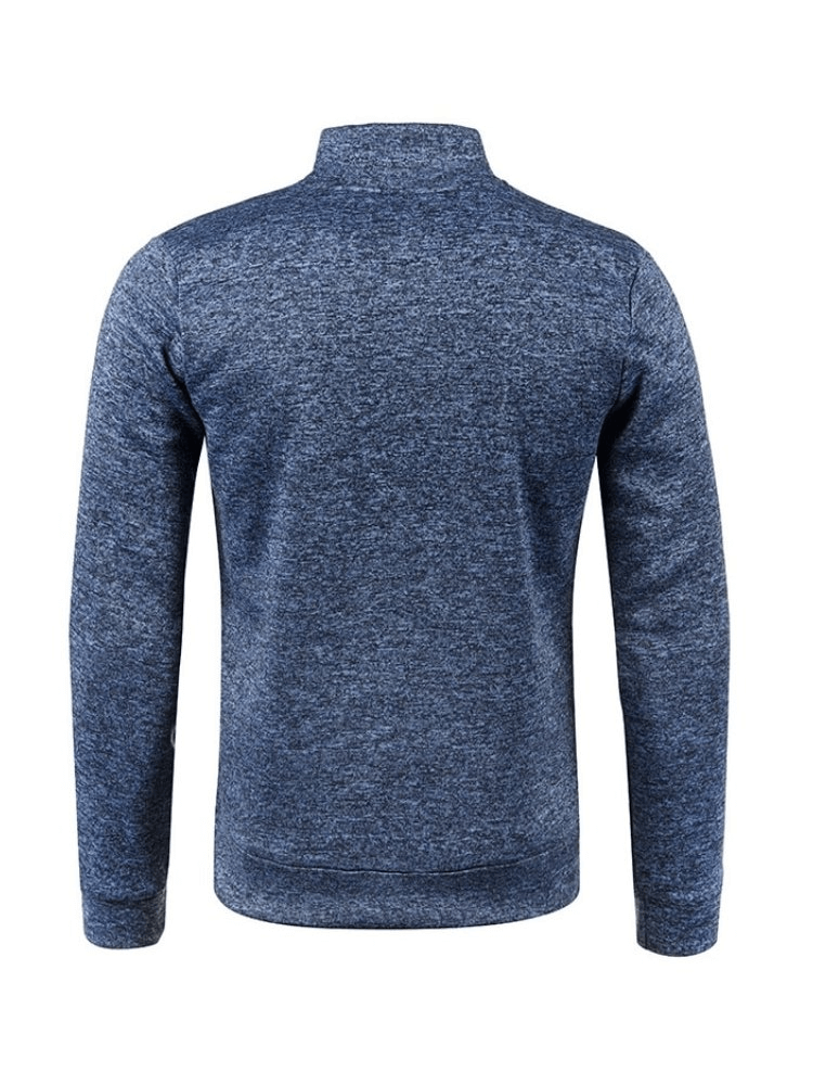 Back view of a blue men's sweatshirt with zippered collar, featuring long sleeves and fleece lining for added warmth, perfect for casual wear.