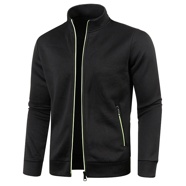 Black men's sweatshirt with zippered collar, fleece lining, and full sleeves. Stylish, casual, regular fit for added comfort.