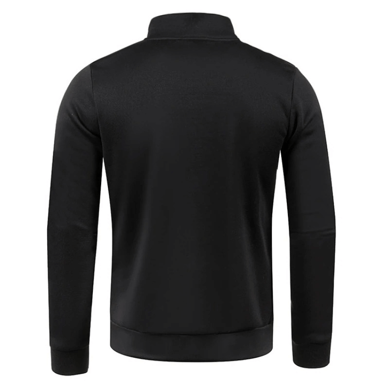 Back view of a stylish black men's zippered collar sweatshirt, featuring a polished design and regular fit for casual wear.